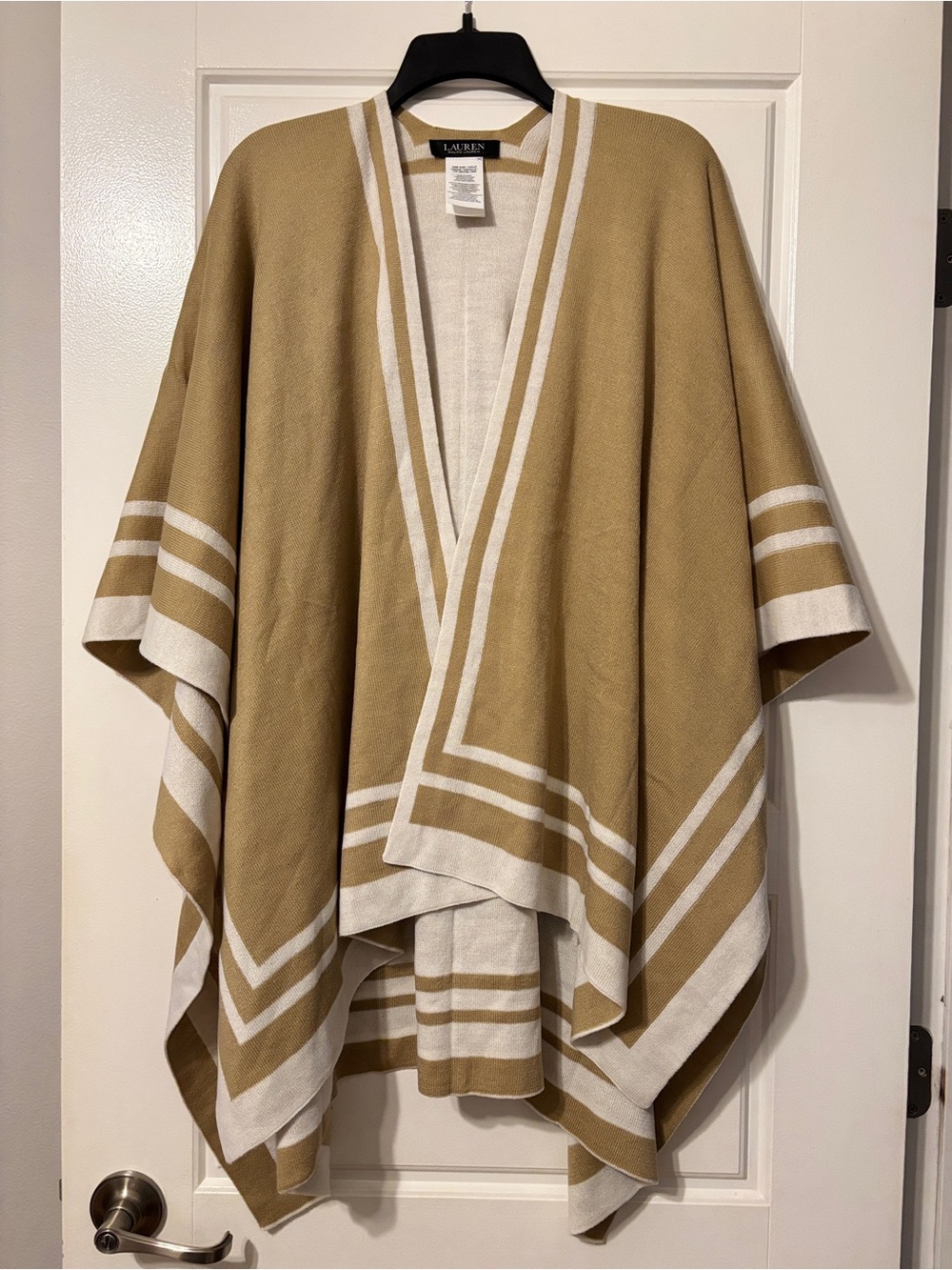 Lauren Ralph Lauren Camel and Cream Striped Knit Poncho with Logo Plaque